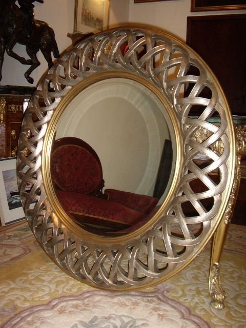 circular modern beval cut silver gilt mirror