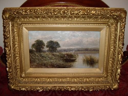 victorian oil on canvas of norfolk broads puntingsigned ebaker one of a pair