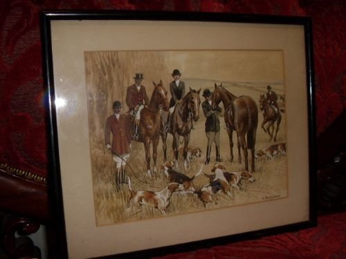 watercolour of hunt hounds signed wmontgomery one of a pair