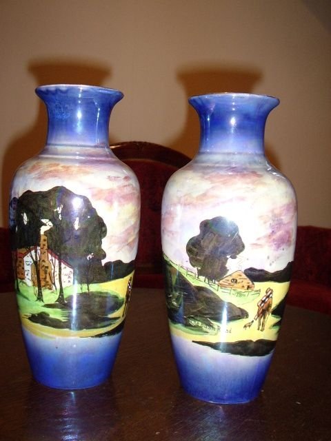 pair of art deco empire ware vases tiltledthe bush road manufactured in stoke on trent c1925