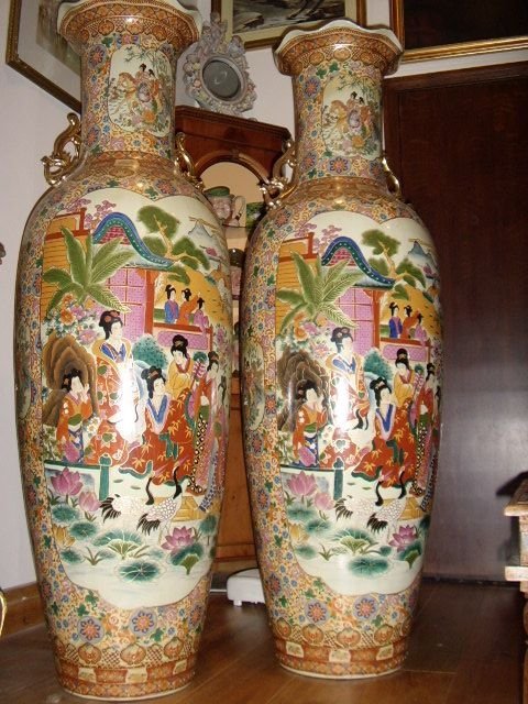 large oriental vases japanese enamelled pair with fluted necks standing 5ft3 inches high