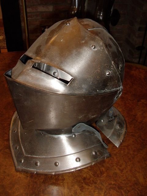 stainless steel helmet from suit of armour with opening visa