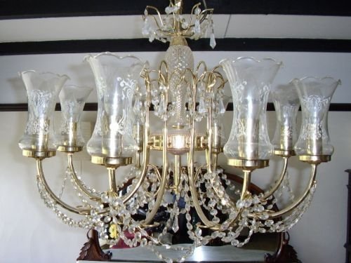 chrystal chanderlier with etched glass shades gold plated arms one of a matching pair 22 x 25 ins