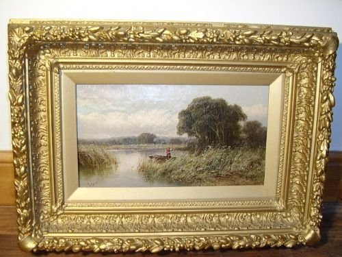 victorian oil on canvas of norfolk broads with man puntingalong river banks signed by listed british artist ebaker c1850