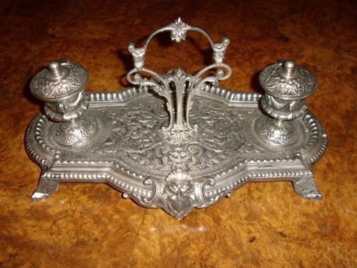 desk top ink well pen rest stand with ornate handle