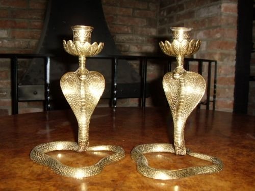 pair of solid brass snake candlestick with coiled tails