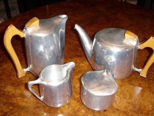 picquot ware hand crafted aluminium tea coffee pot set with milk sugar