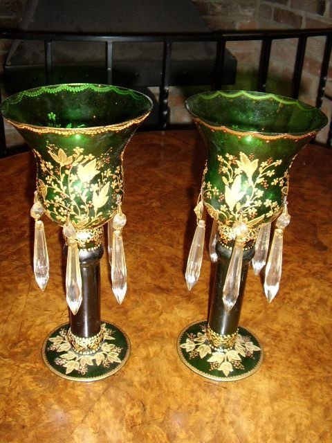 pair of venetian georgian period green enamelled table lustres with clear glass moulded droppers c182030