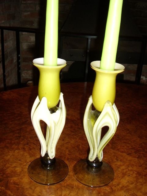 pair of lime green cream glass canlesticks c1920