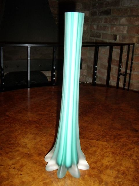 tall ribbed glass vase with mint green striped opaque finish