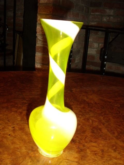 edwardian glass posy vase with yellow colour cream spiral stripe