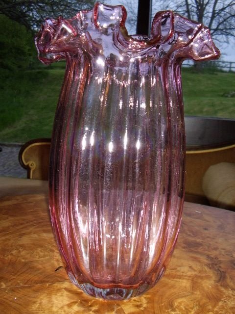 victorian cranberry glass vase with ribbed body fluted top