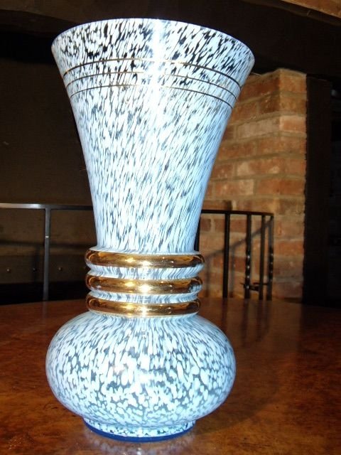 blue white speckle glass vase with gold banded collar design