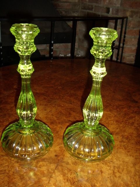 pair edwardian green glass candlesticks