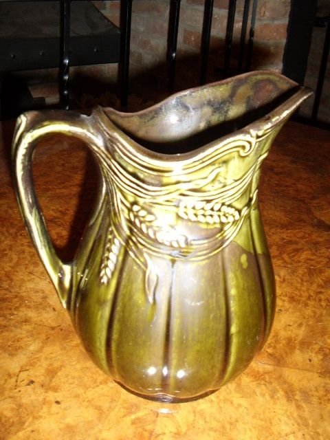 edwardian green glazed kitcken jug with wheat design