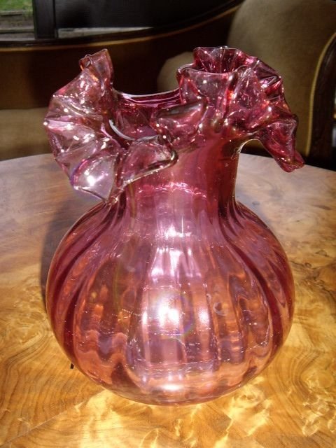 cranberry glass vase with fluted neck