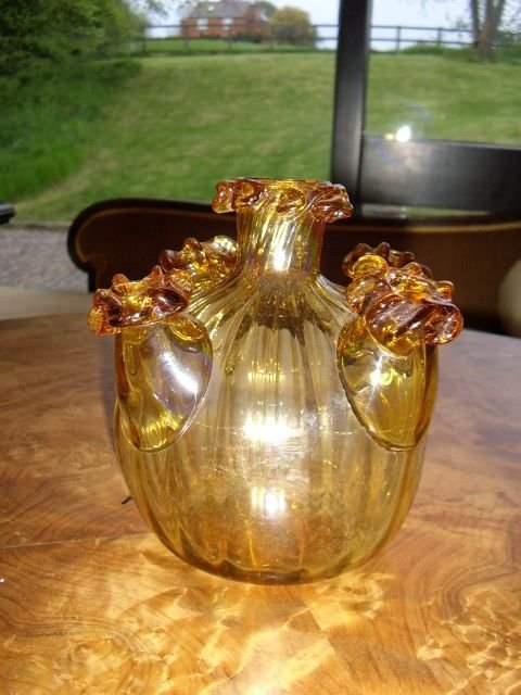 amber glass posy holder with multiple ports