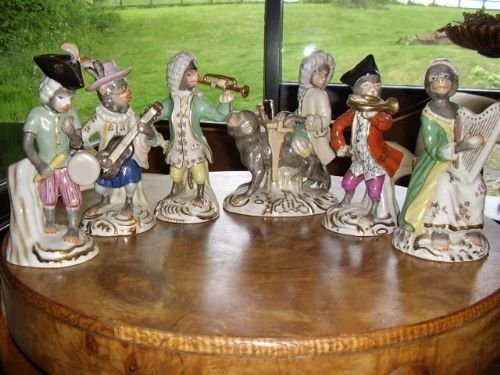 set of 6 porcelain monkey musicians in the roccoco continental style 11 inches high