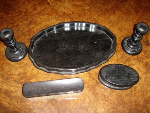 early ebony dressing table set comprising traypair candlesticks jewellery box clothes brush