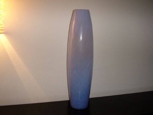 2 ft high blue art glass vase finished in powder blue with pale white streaking with cut polished rim c1920