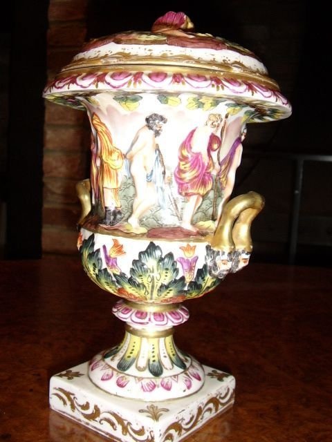 naples design capodimonte doccia capped vase with pair of gilt handles 10 inches high