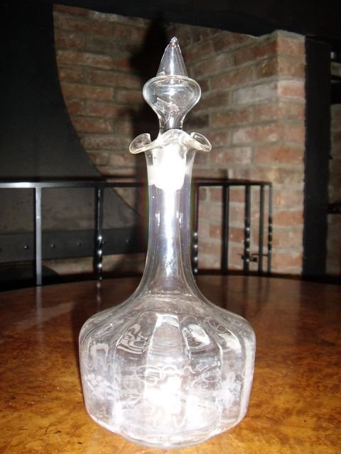 early victorian hand blown etched glass decanter with hollow stopper