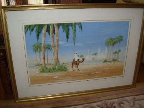 watercolour with oasis palace in the background depicting camel rider c1923 33 inches x 23 inches
