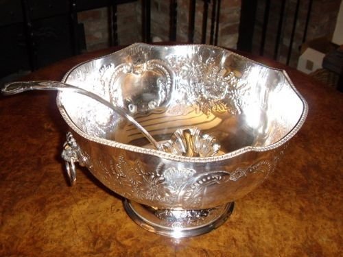 silver plated punch bowl with escaloped ladle c1920