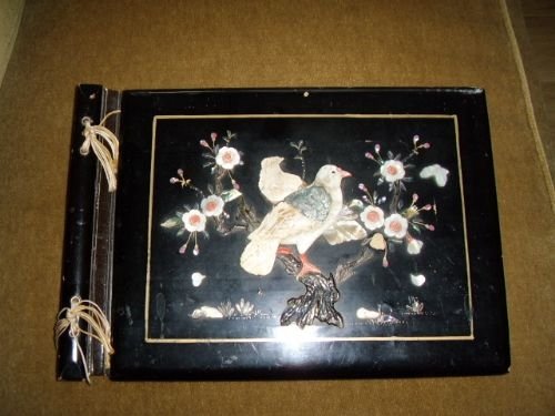 antique post card album in chinese lacquered finish with bird flower onlay c1920 16 x 11 inches