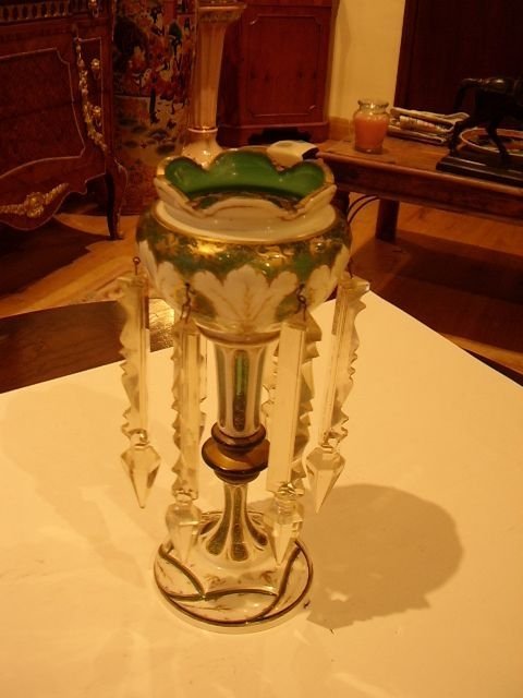 bohemian green glass gilt porcelain enamelled table lustre with cut glass droppers c186080