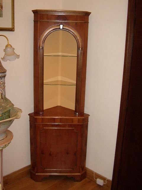 corner cabinet with open glass shelves lower lockable cupboard with light