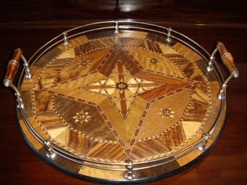 inlaid round marquetry drinks tray with silvered side rails pair of wooden turned handles 16 inches diameter