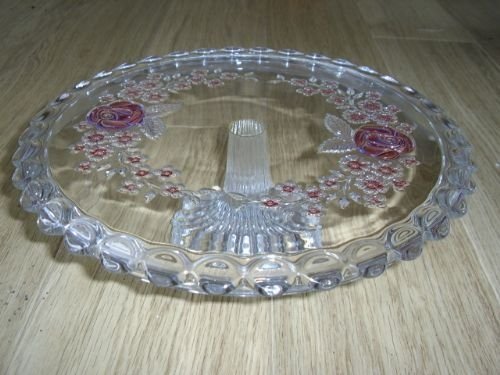 glass embossed tazza with ruby flower design 12 inches diameter