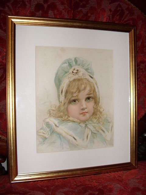 early original print of young girl by childrens illustrator frances brundage c18541937 155 inches x 135 inches reframed