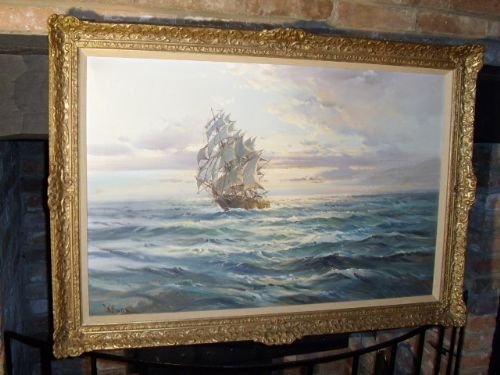 a fine quality oil on canvas of a tea clipper in full sail by sought after artist wilfred knox titled sunset on the atlantic in original gilt plaster frame 30 x 42 inches