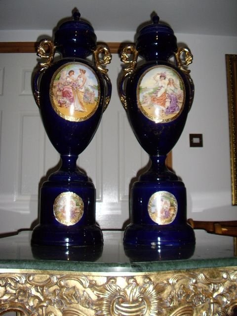 a fine pair of austrian vienna vases on stands c1900 nearly 3 fthigh