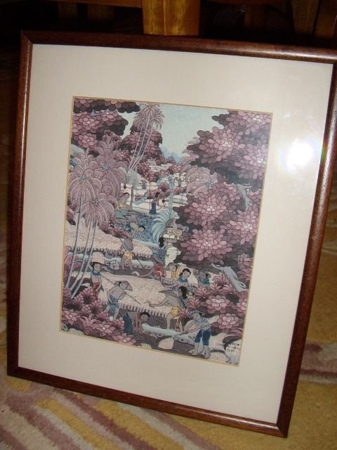 balanese watercolour ink drawing under glass depicting rural village life