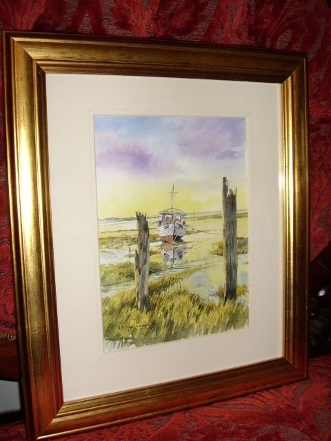 first signed copy print of thornham harbour norfolk by artist aeharrison after his original watercolour painting h145 x w125 inches