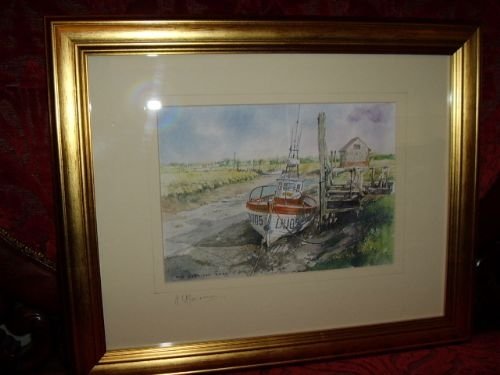 first signed copy print of thornham harbour norfolk by artist aeharrison after his original watercolour painting w165 x h135 inches