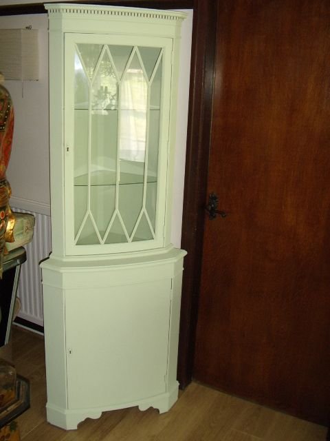 painted corner cabinet with glazed upper display cabinet and lower lockable base cupboard