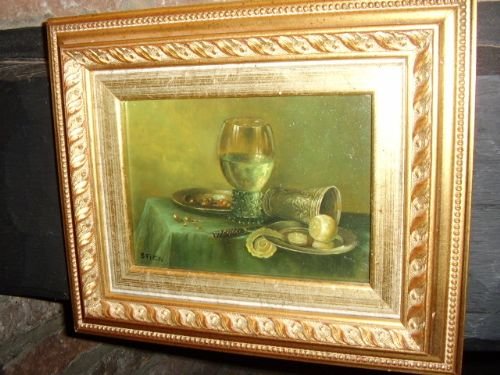 still life study oil on panel of wine glass table setting 115 x 95 inches signed stien