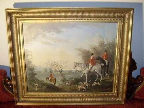 oil on canvas of hunt hounds signed j randall 285 x 245 inches