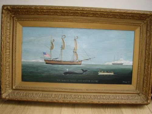 historic signed oil painting depicting a whaling scene off of baffin island by jbriggs dated 1897