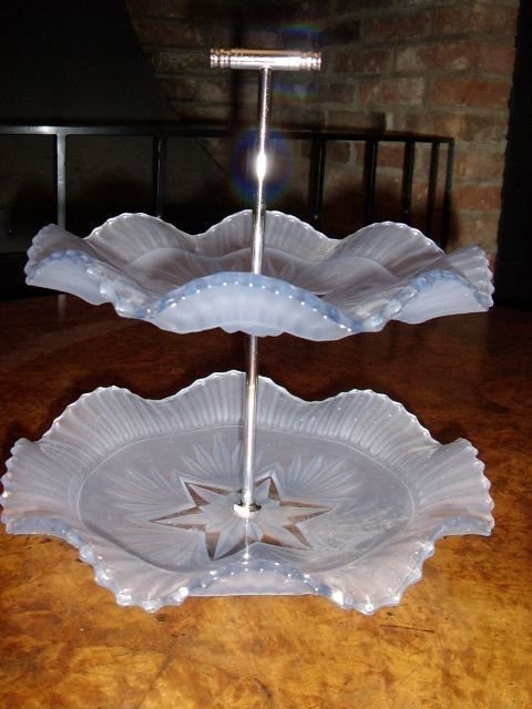 cake stand two tier in opaline glass with chromium rod support 't'bar handle 1920