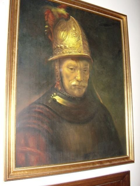 portrait of man in armour after rembrandts originalof man in golden hat