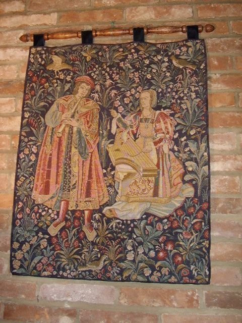 tapestry of elizabethan scene depicting muscicians playing a flute strings 33 x 24 inches