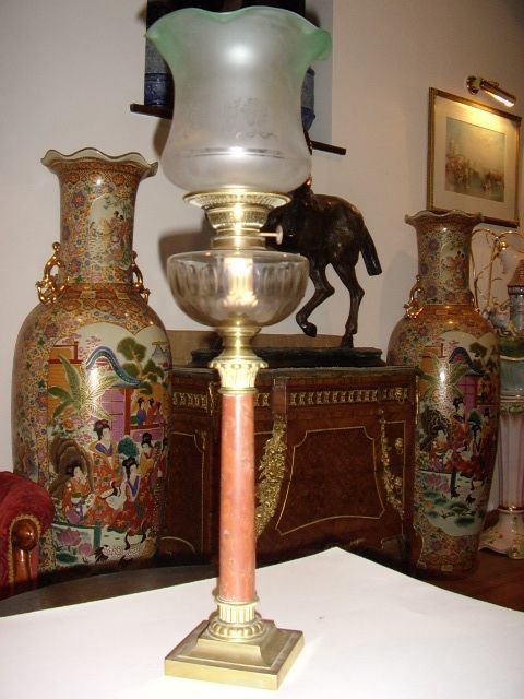 victorian oil lamp with opaque glass shade marble and brass stem c188090
