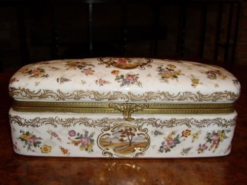 continental porcelain loaf box jewellery casket with hand painted decoration