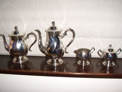 silver plated coffee tea set with milk jug and lidded sugar pot