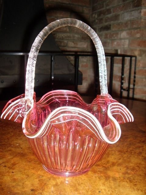 cranberry glass victorian basket with cream decoration clear loop handle